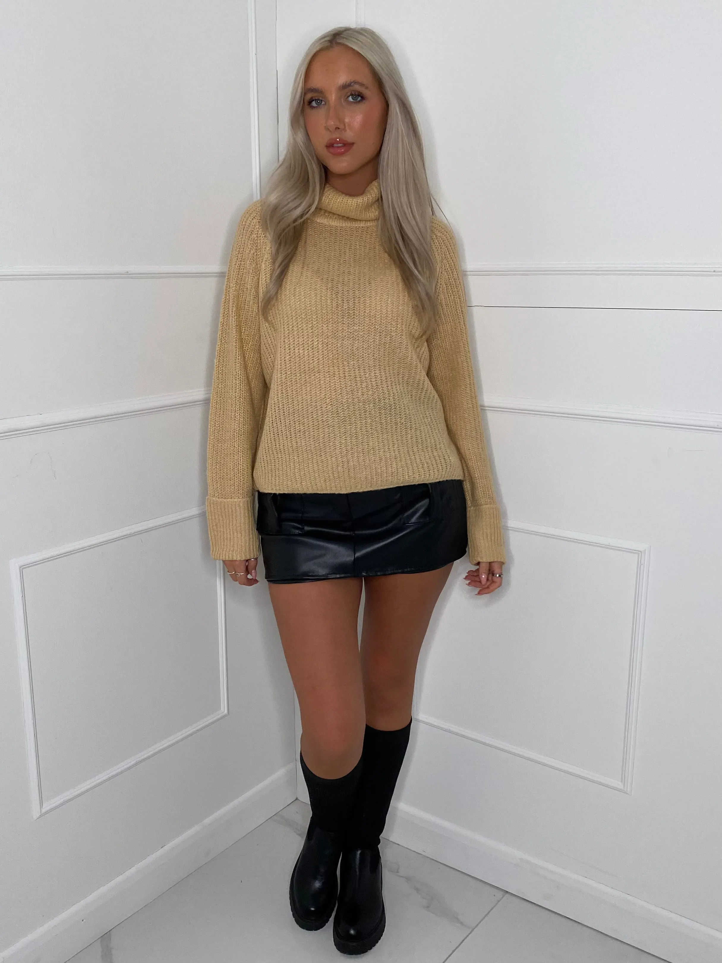 Plain Roll Neck Jumper with Cuffed Sleeves - Beige