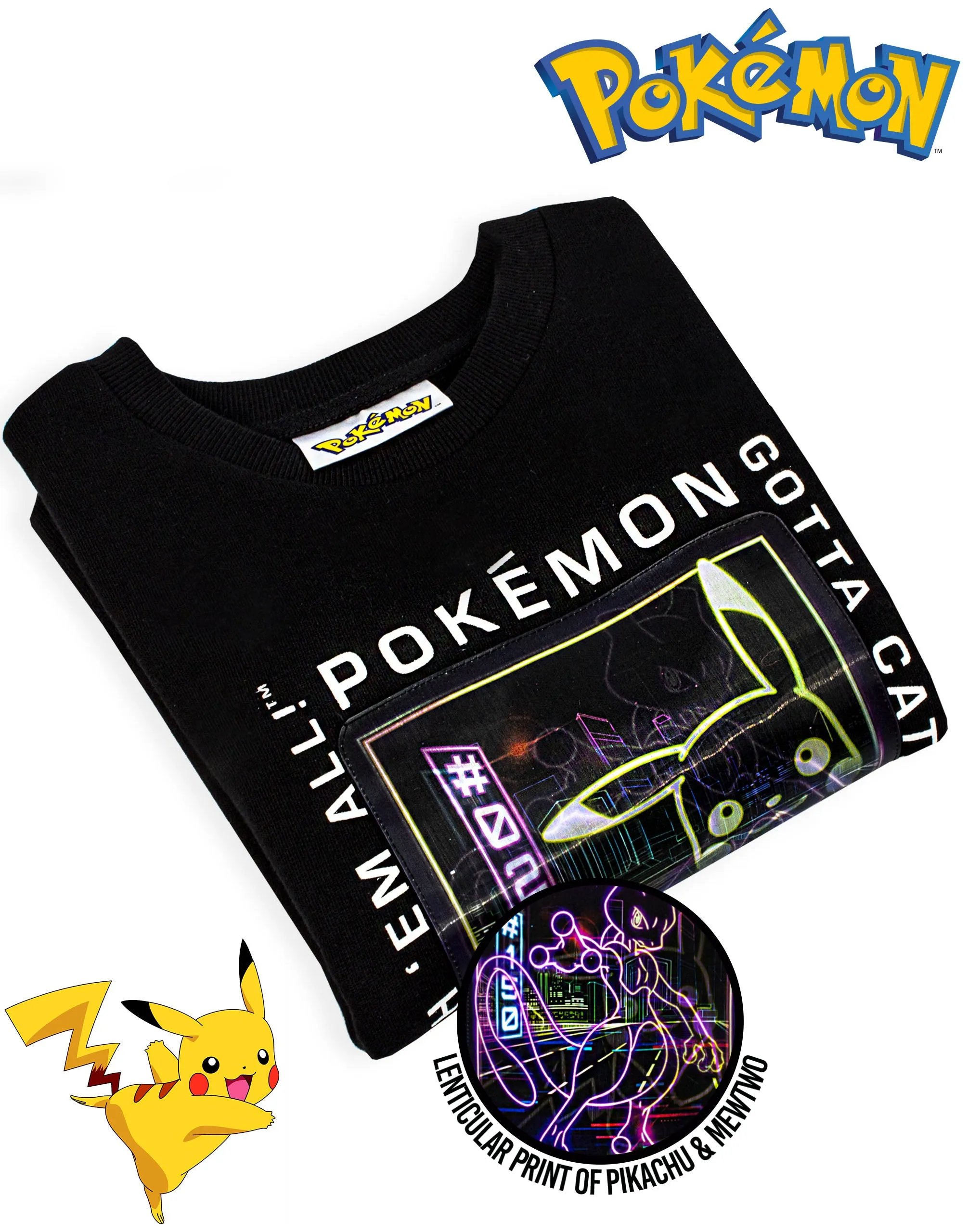 Pokemon Jumper - Pikachu Mewtwo Lenticular Boy's Black Kids Gamer Sweatshirt