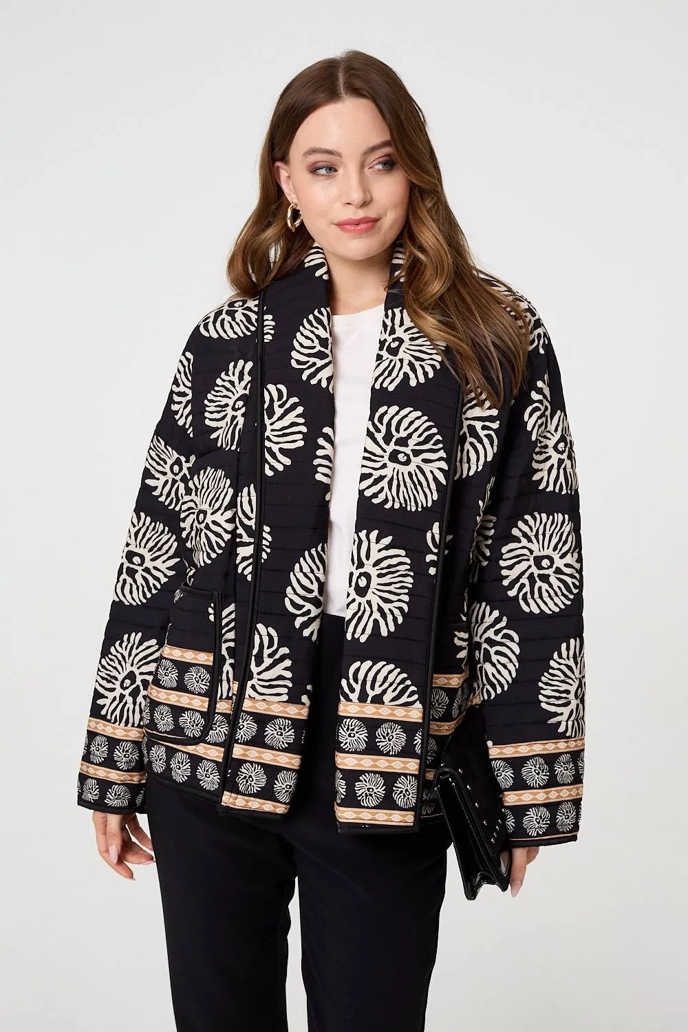 Printed Padded Open Front Jacket