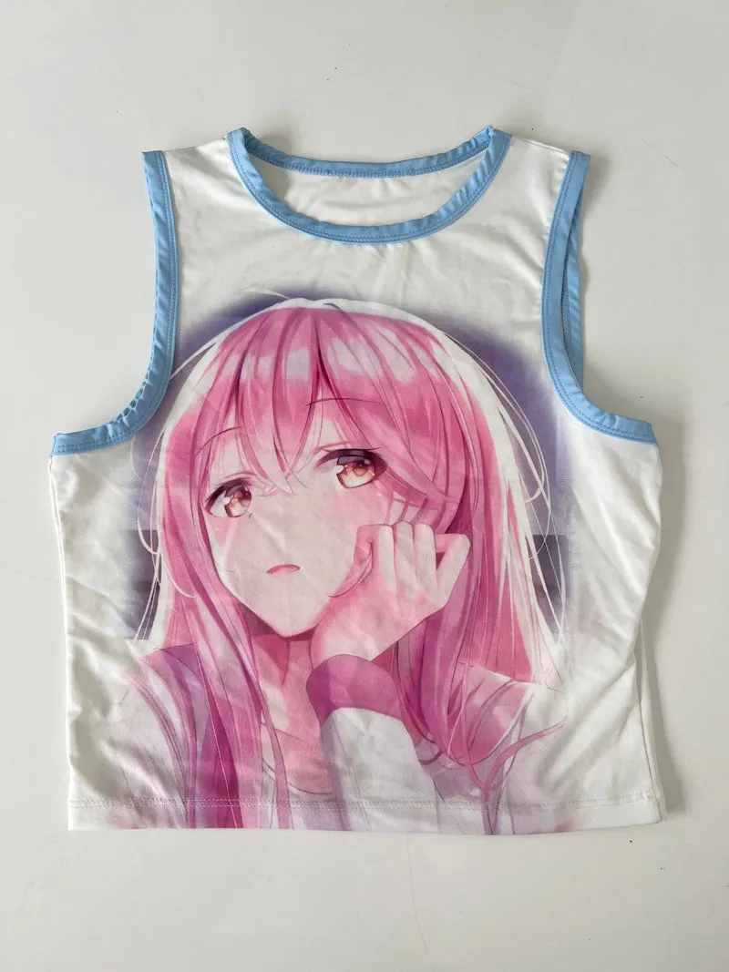 Sakura Otaku Pink Stretch Shoujo Manga Sleeveless Blue Slim Top