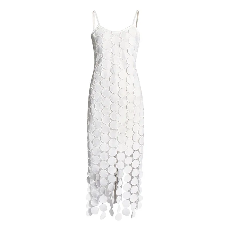 Sexy Embroidery Lacer Cutout Fringe Trim Spaghetti Strap Midi Slip Dress