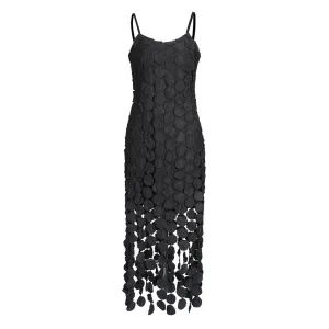 Sexy Embroidery Lacer Cutout Fringe Trim Spaghetti Strap Midi Slip Dress