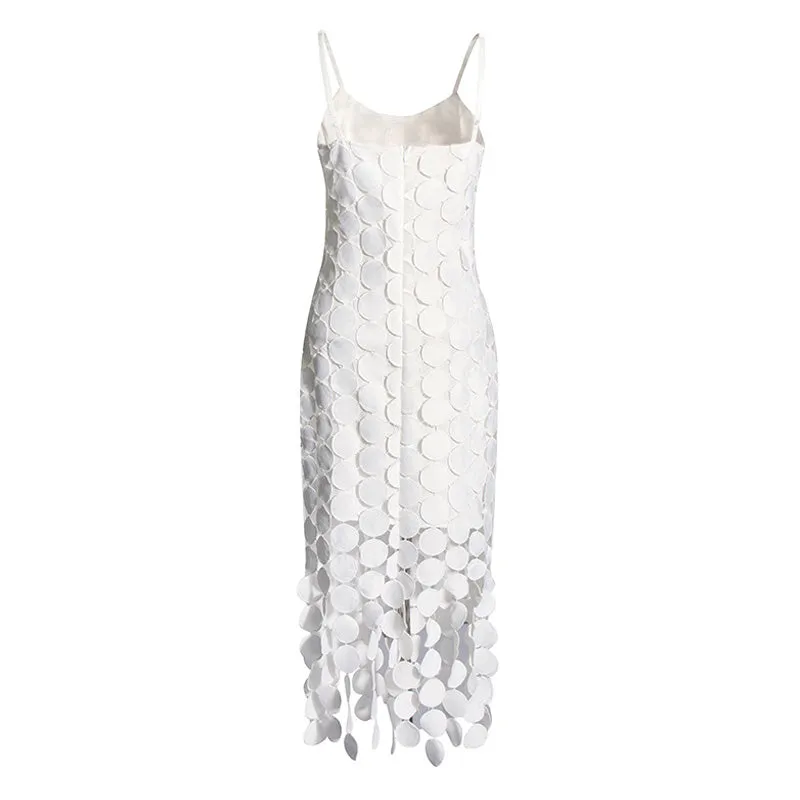 Sexy Embroidery Lacer Cutout Fringe Trim Spaghetti Strap Midi Slip Dress