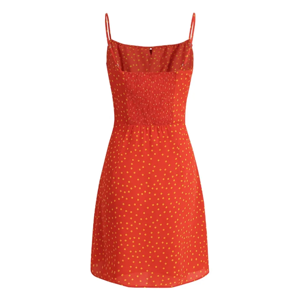 Sexy Tie Neck Smocked Sleeveless A Line Polka Dot Print Mini Sundress