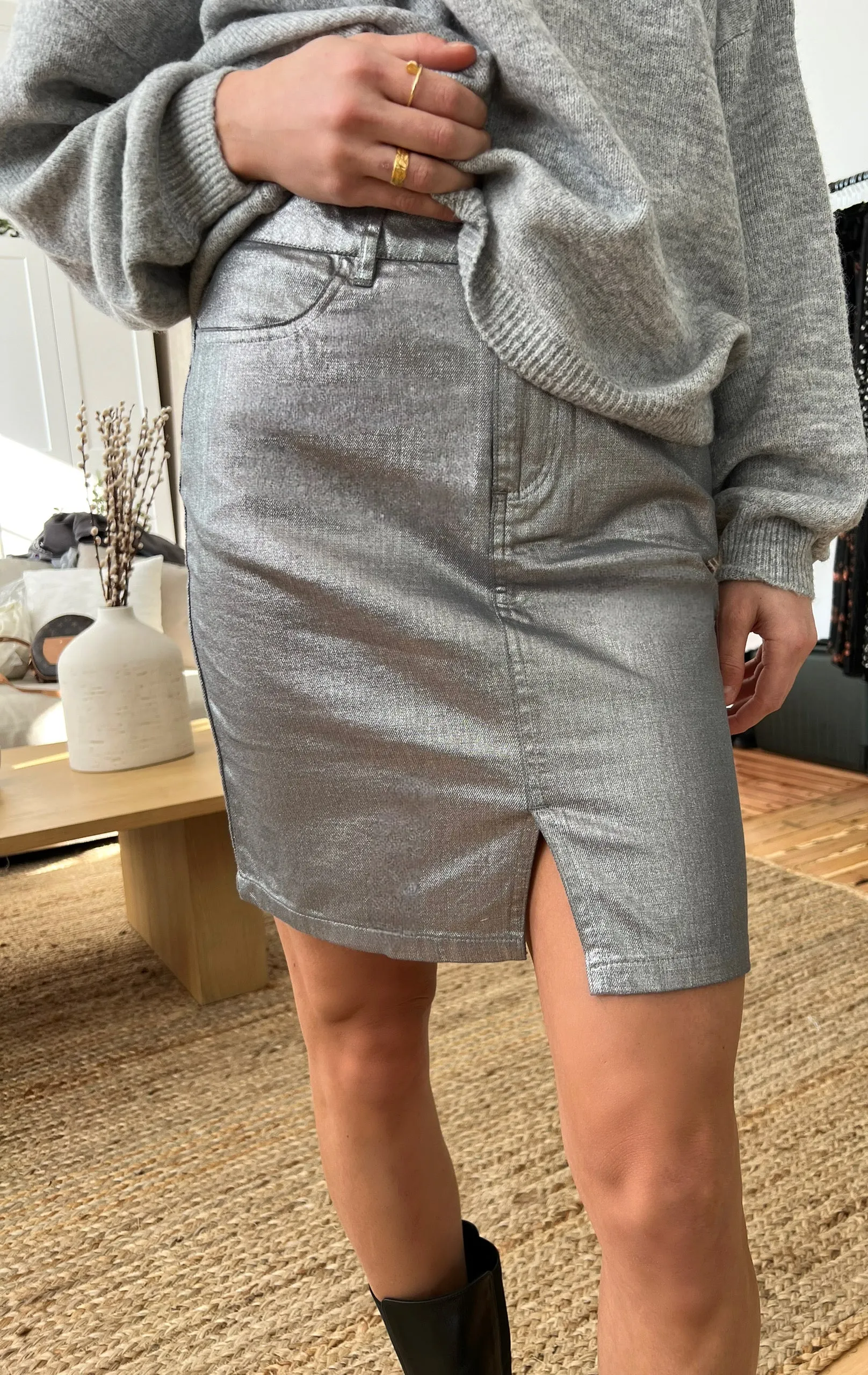 silver denim skirt