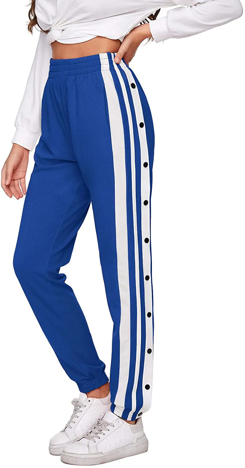 SOLY HUX Women's Sporty High Split Side Striped Joggers Snap Button Track Pants