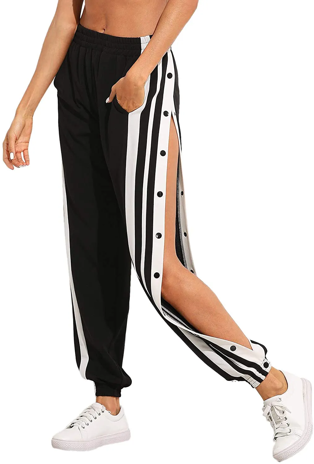 SOLY HUX Women's Sporty High Split Side Striped Joggers Snap Button Track Pants