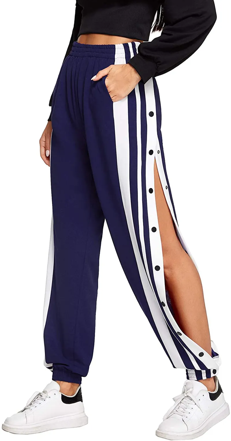 SOLY HUX Women's Sporty High Split Side Striped Joggers Snap Button Track Pants