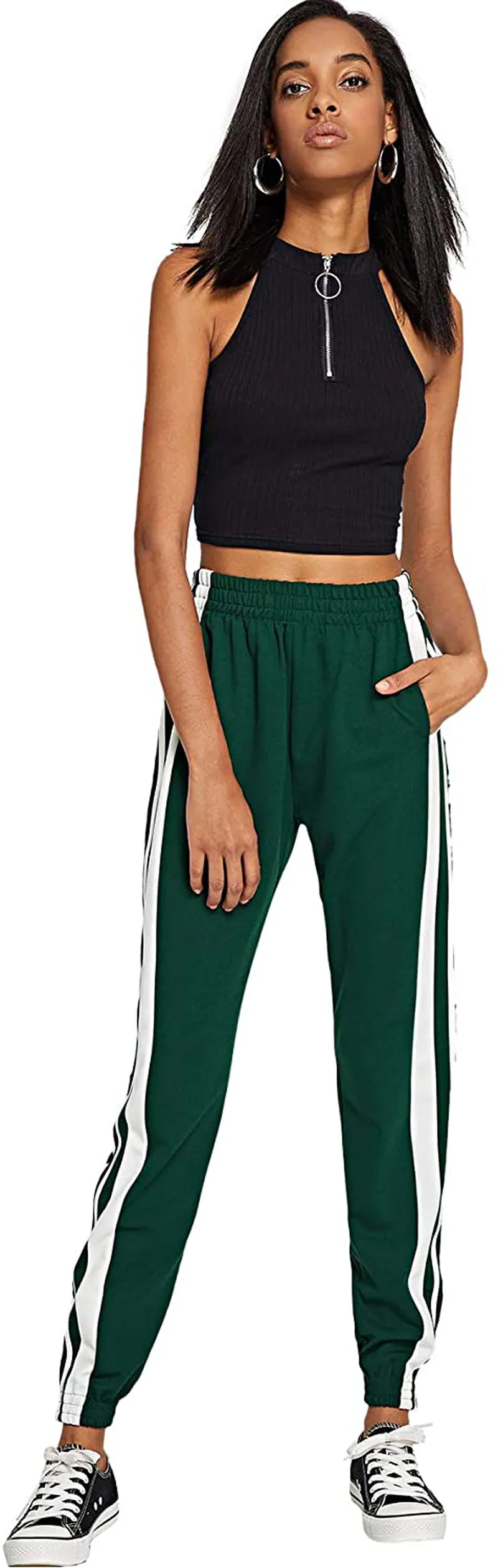 SOLY HUX Women's Sporty High Split Side Striped Joggers Snap Button Track Pants