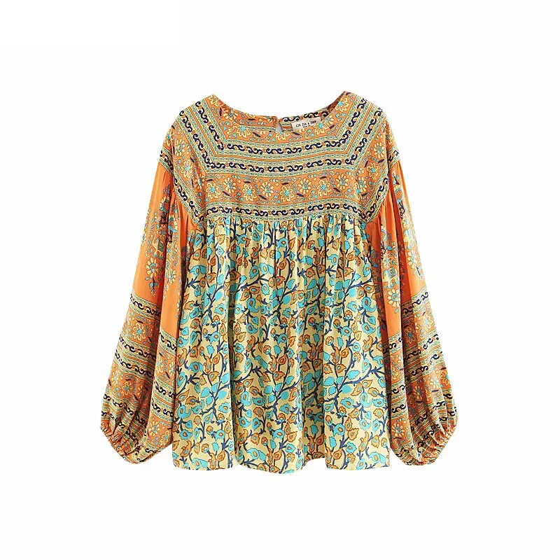 Square Neck Peasant Top With Lantern Sleeves Floral Bohemian Print Blouse Boho Shirt Orange Turquoise Available In Sizes Small Medium Or Large