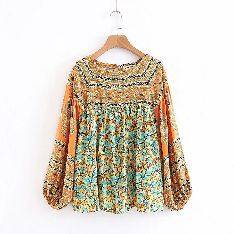 Square Neck Peasant Top With Lantern Sleeves Floral Bohemian Print Blouse Boho Shirt Orange Turquoise Available In Sizes Small Medium Or Large