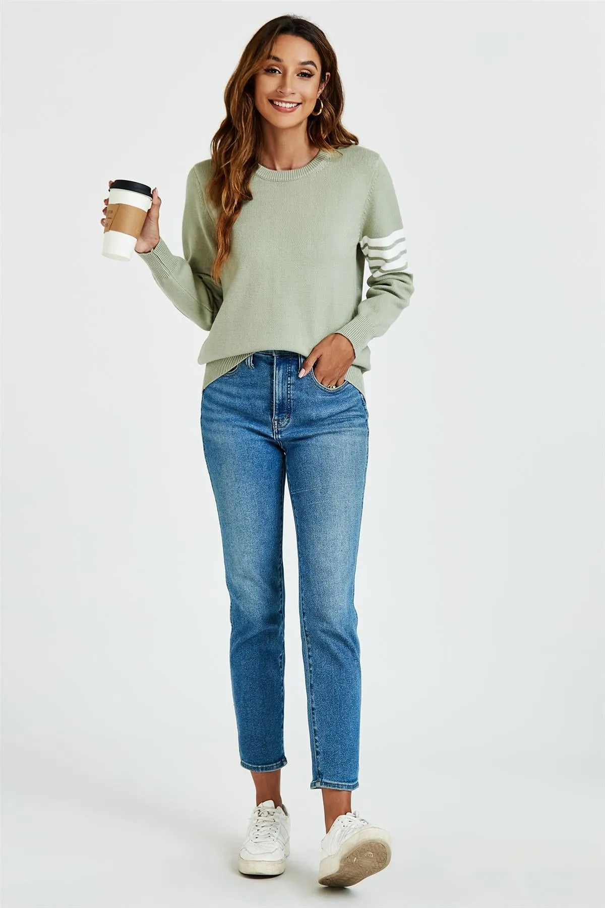 Stripe Pattern Jumper Top In Olive