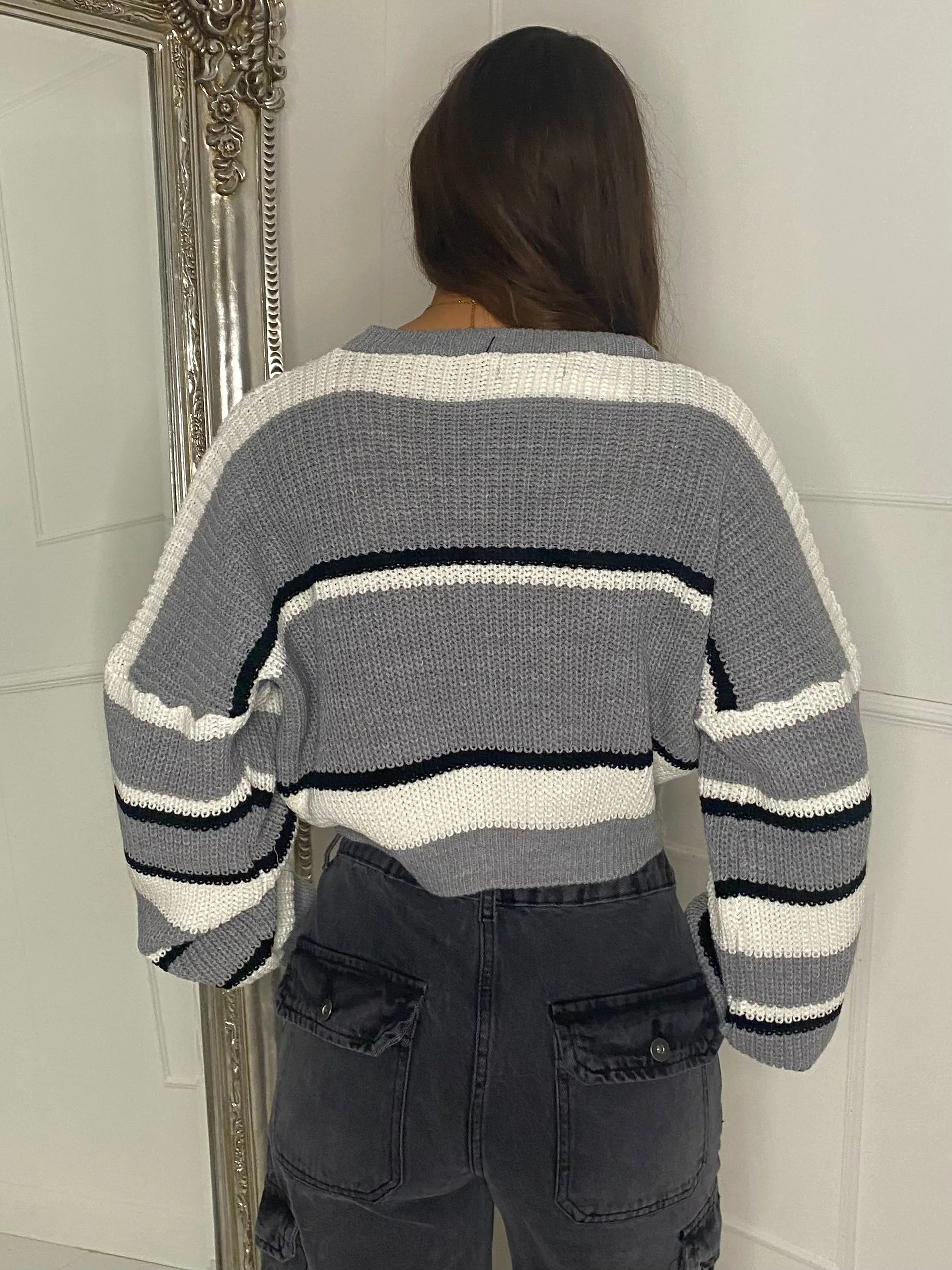 Striped Cropped Knitted Jumper -  Grey