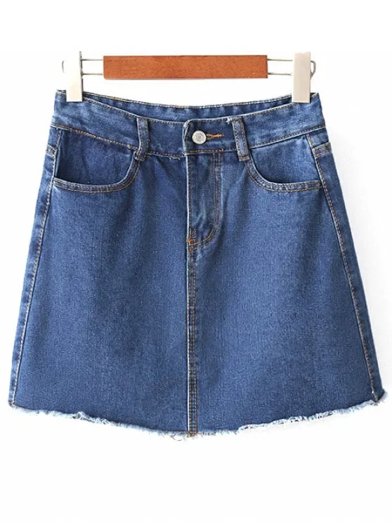 Stunning Solid Color High Waist A-Line Denim Skirt