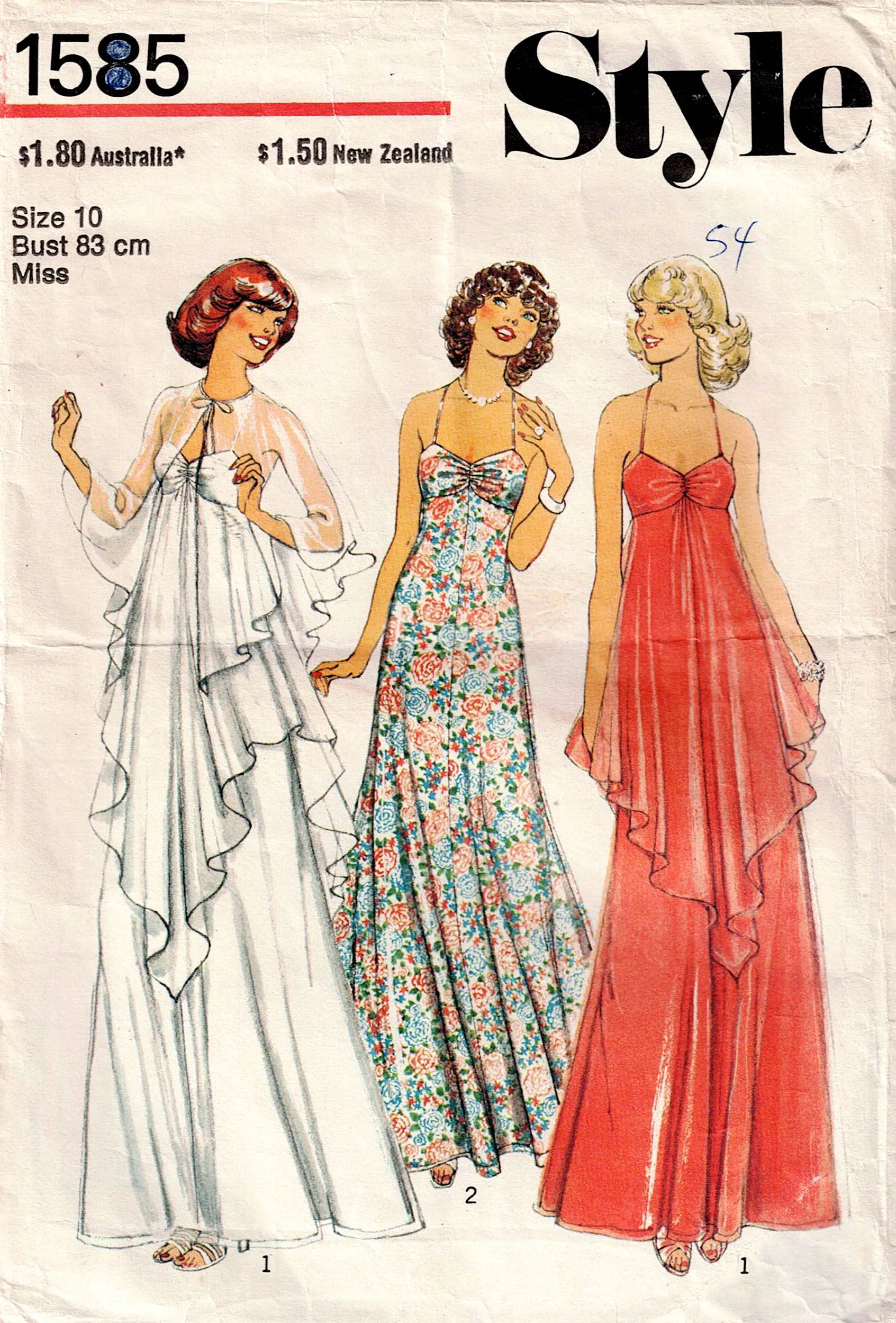 Style 1585 Womens Empire Waisted Handkerchief Maxi Dress & Sheer Evening Cape 1970s Vintage Sewing Pattern Size 10 Bust 32.5 inches