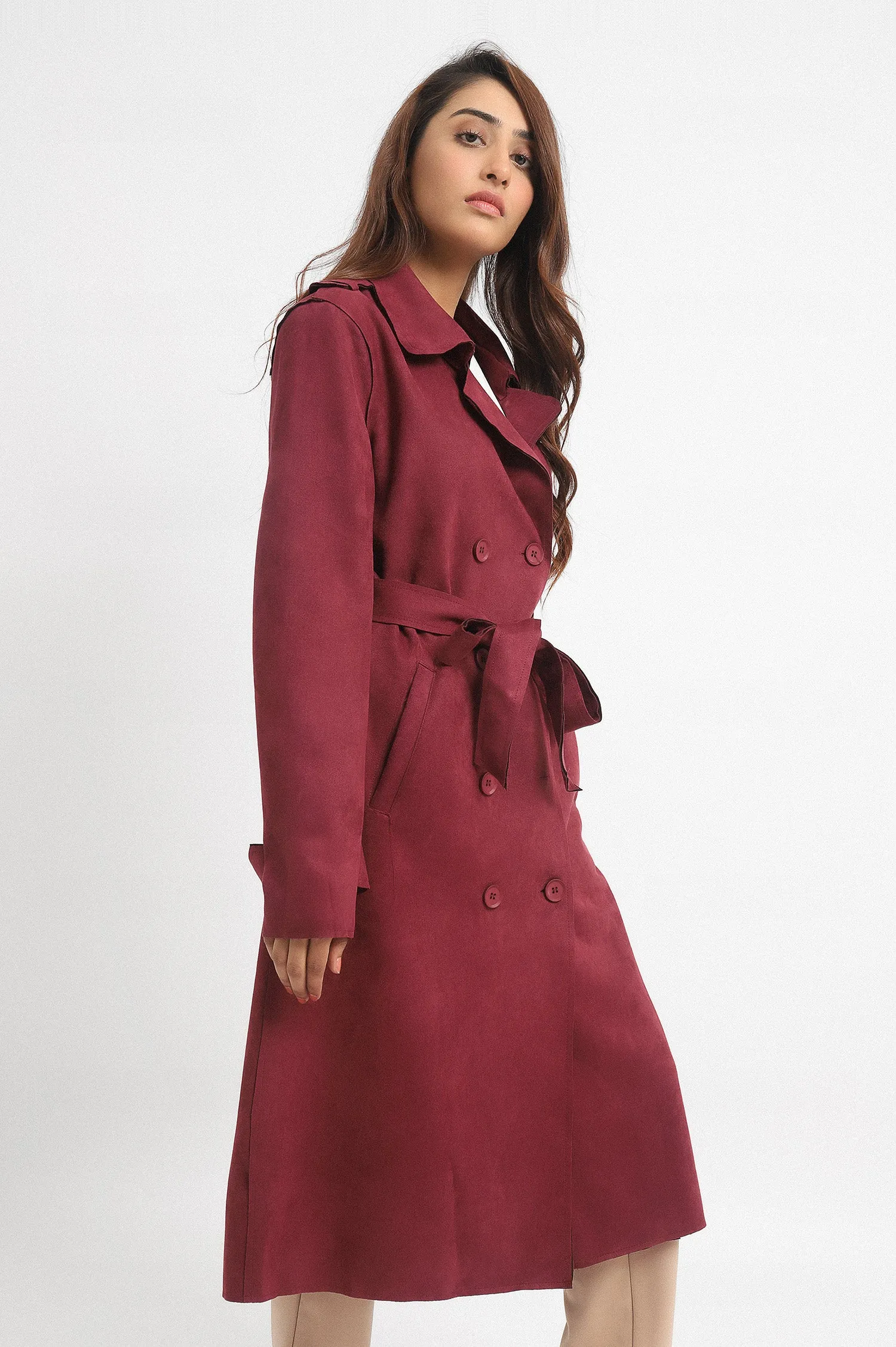 SUEDE TRENCH COAT-WINE