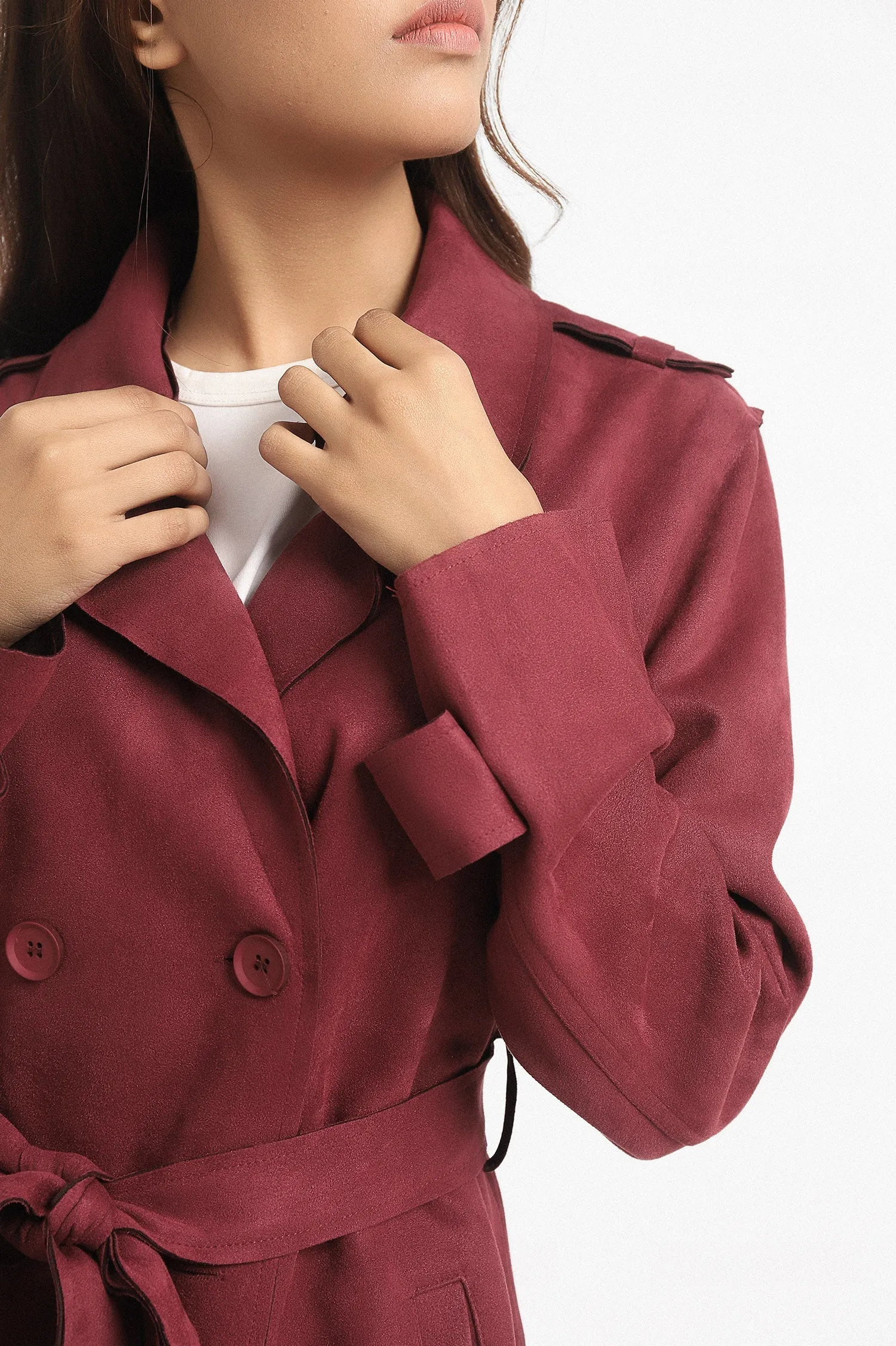 SUEDE TRENCH COAT-WINE