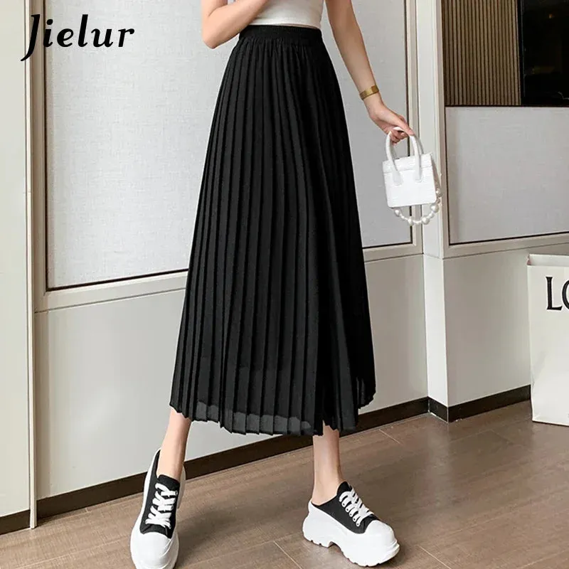 Summer Pleated Chiffon Wide-leg Pants Women Casual Black Midi Pant Skirts Female High-waist Straight Women's Pant