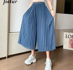 Summer Pleated Chiffon Wide-leg Pants Women Casual Black Midi Pant Skirts Female High-waist Straight Women's Pant