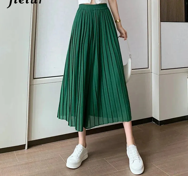 Summer Pleated Chiffon Wide-leg Pants Women Casual Black Midi Pant Skirts Female High-waist Straight Women's Pant