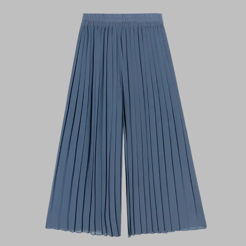 Summer Pleated Chiffon Wide-leg Pants Women Casual Black Midi Pant Skirts Female High-waist Straight Women's Pant