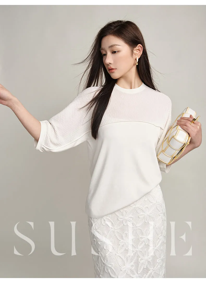 SUSHE Spring Flower Simple Straight pencil White Knit Slit Skirt - ueb