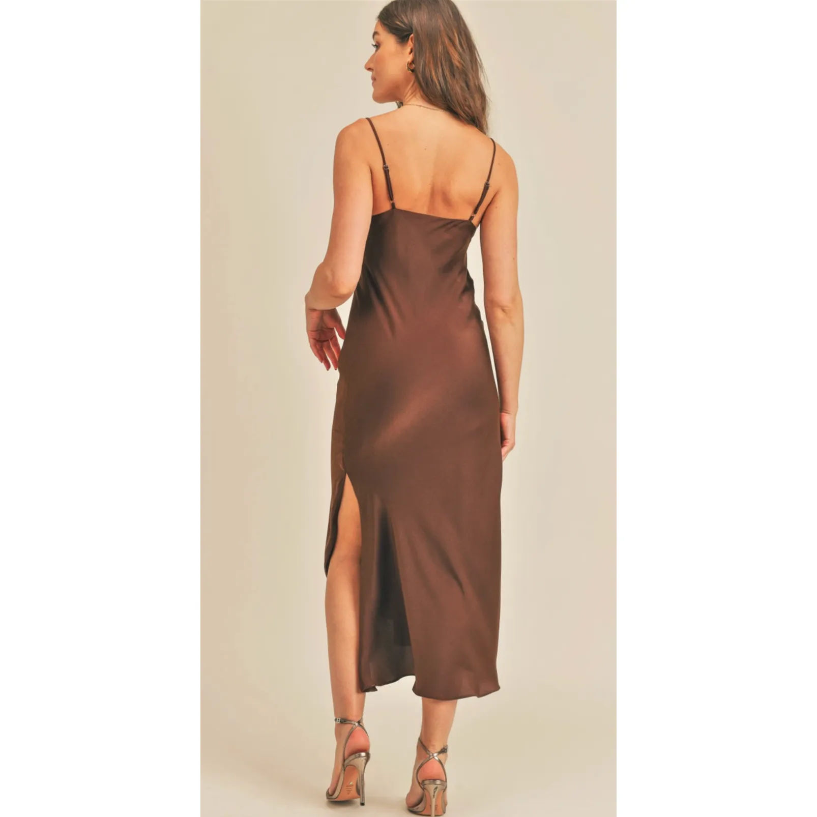 The Chestnut Brown Satin Cowl Neck Slip Midi Dress