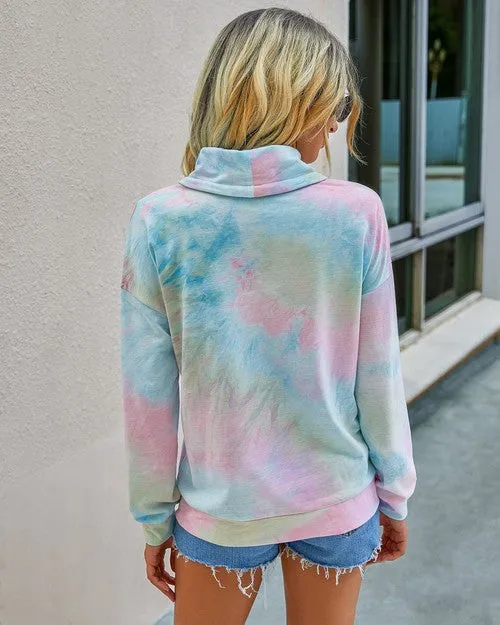 Tie Dye Cowl Neck Cotton Mix Hoodie Top