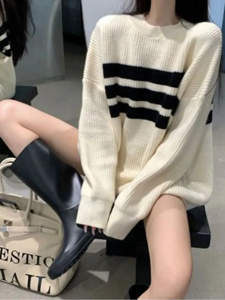 Uniwim Deeptown Gothic Sweaters Women Harajuku Punk Knitted Stripes Jumper Vintage Plus Size Loose Long Sleeve Pullover Tops Streetwear