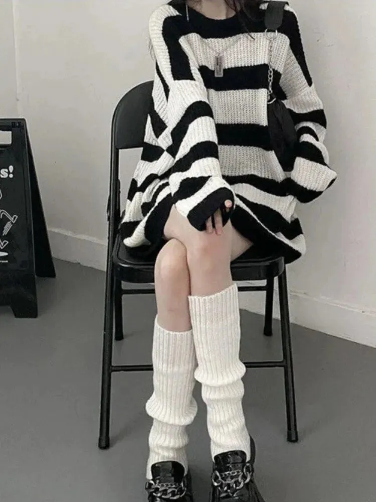 Uniwim Deeptown Gothic Sweaters Women Harajuku Punk Knitted Stripes Jumper Vintage Plus Size Loose Long Sleeve Pullover Tops Streetwear