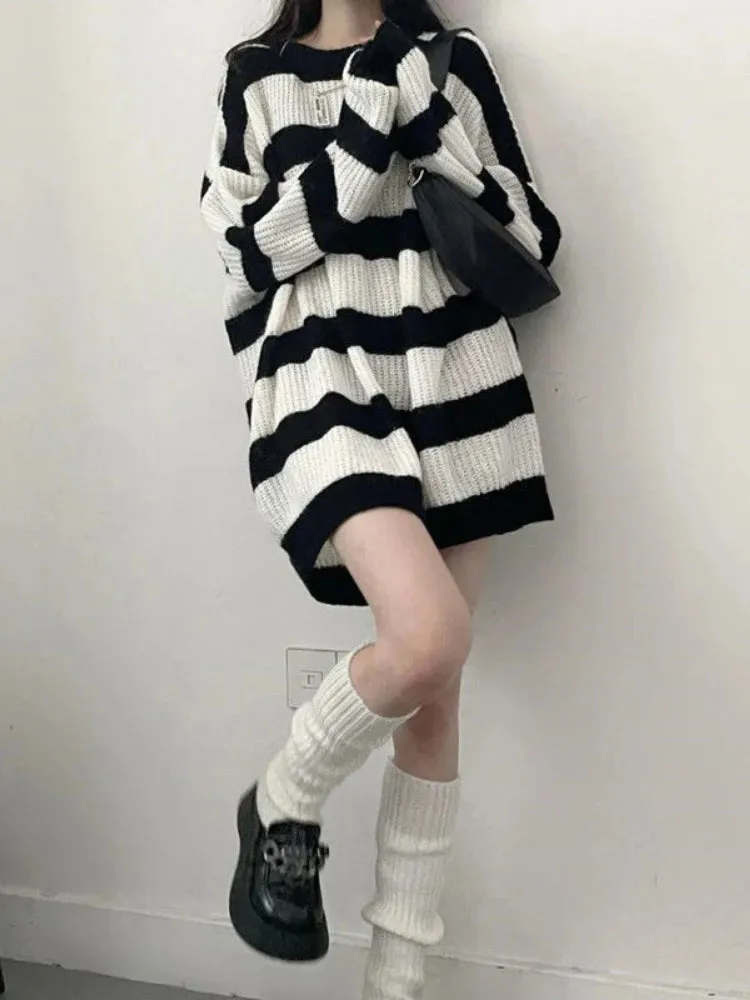 Uniwim Deeptown Gothic Sweaters Women Harajuku Punk Knitted Stripes Jumper Vintage Plus Size Loose Long Sleeve Pullover Tops Streetwear