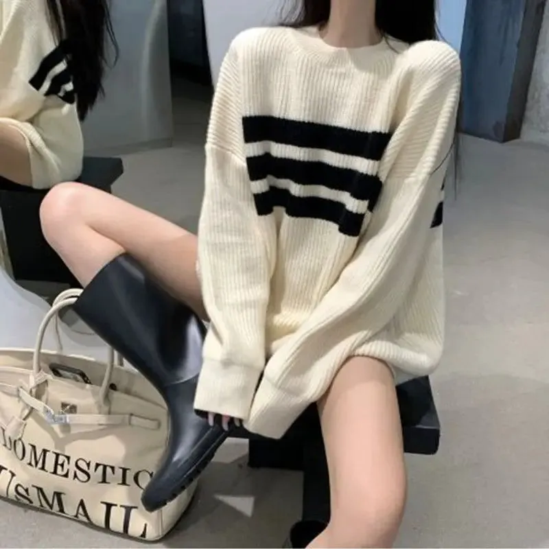 Uniwim Deeptown Gothic Sweaters Women Harajuku Punk Knitted Stripes Jumper Vintage Plus Size Loose Long Sleeve Pullover Tops Streetwear