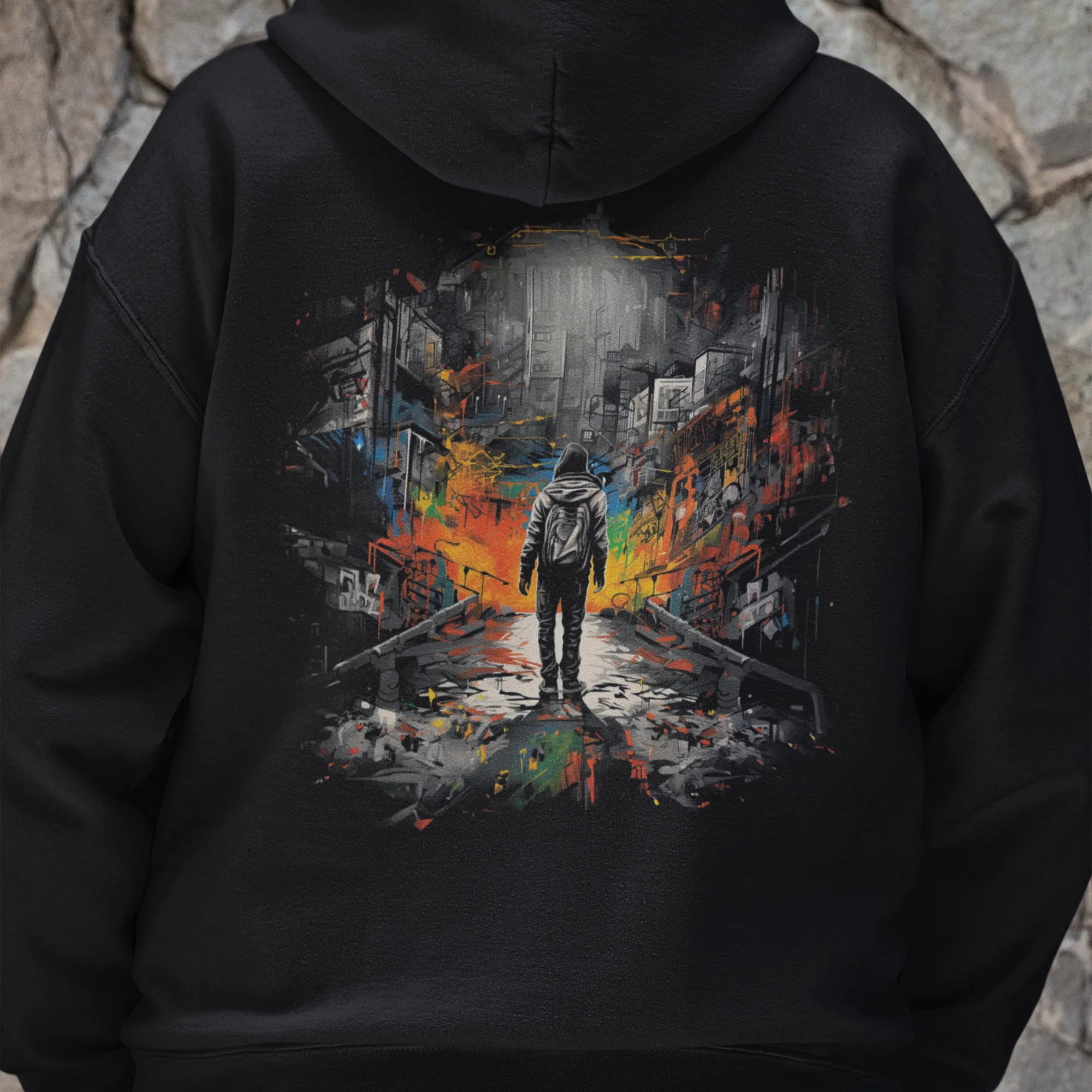 Urban Explorer Hoodie, Graffiti Style Adventure Hoodie, Resilient Curiosity Cityscape Jumper, Streetwear Statement Pullover