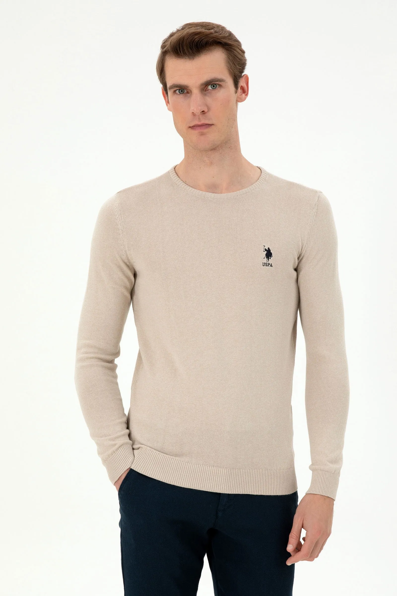 USPA Men Jumper R/Neck  Stone Mélange VR225 USPJR369 US POLO ASSN.