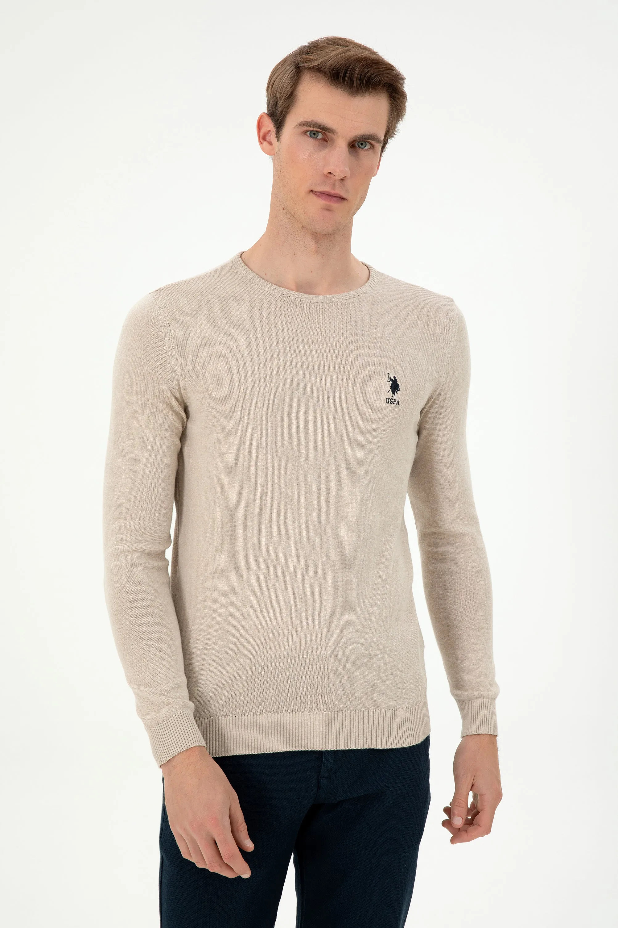 USPA Men Jumper R/Neck  Stone Mélange VR225 USPJR369 US POLO ASSN.