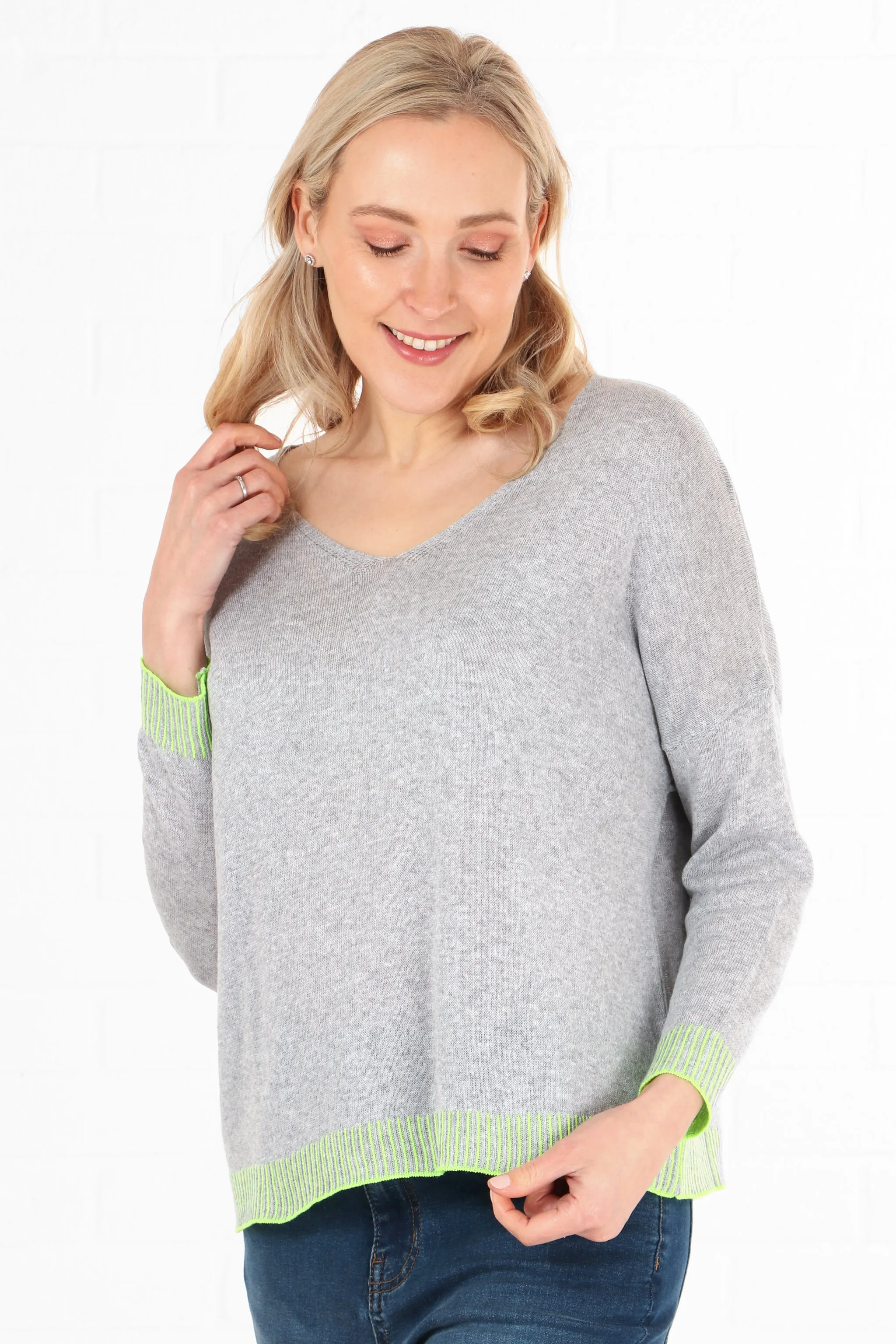 V-Neck Cotton Jumper Contrast Stitch Edge in Light Grey Lime Green