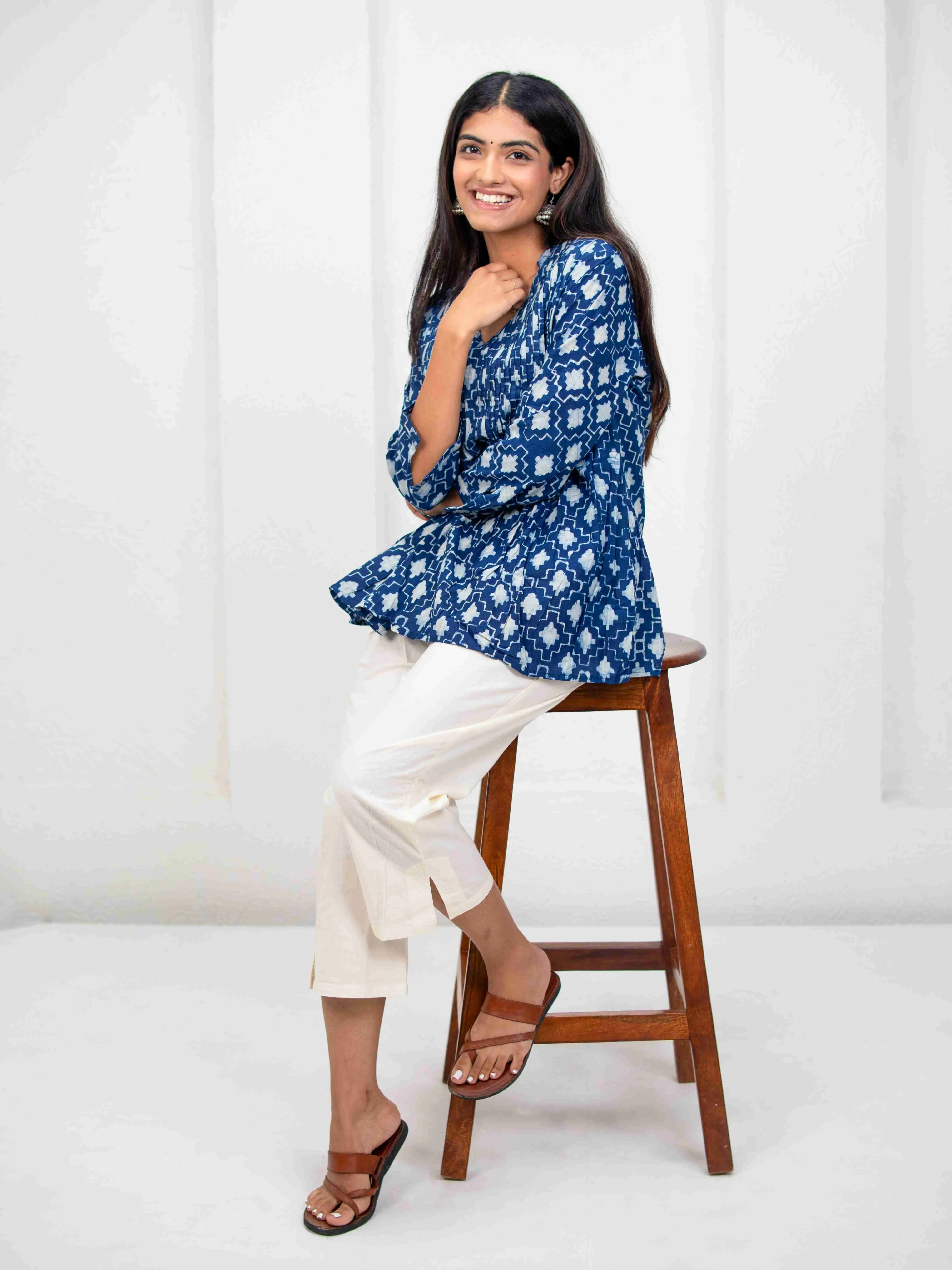 V-Neck Pintucks Top Blue