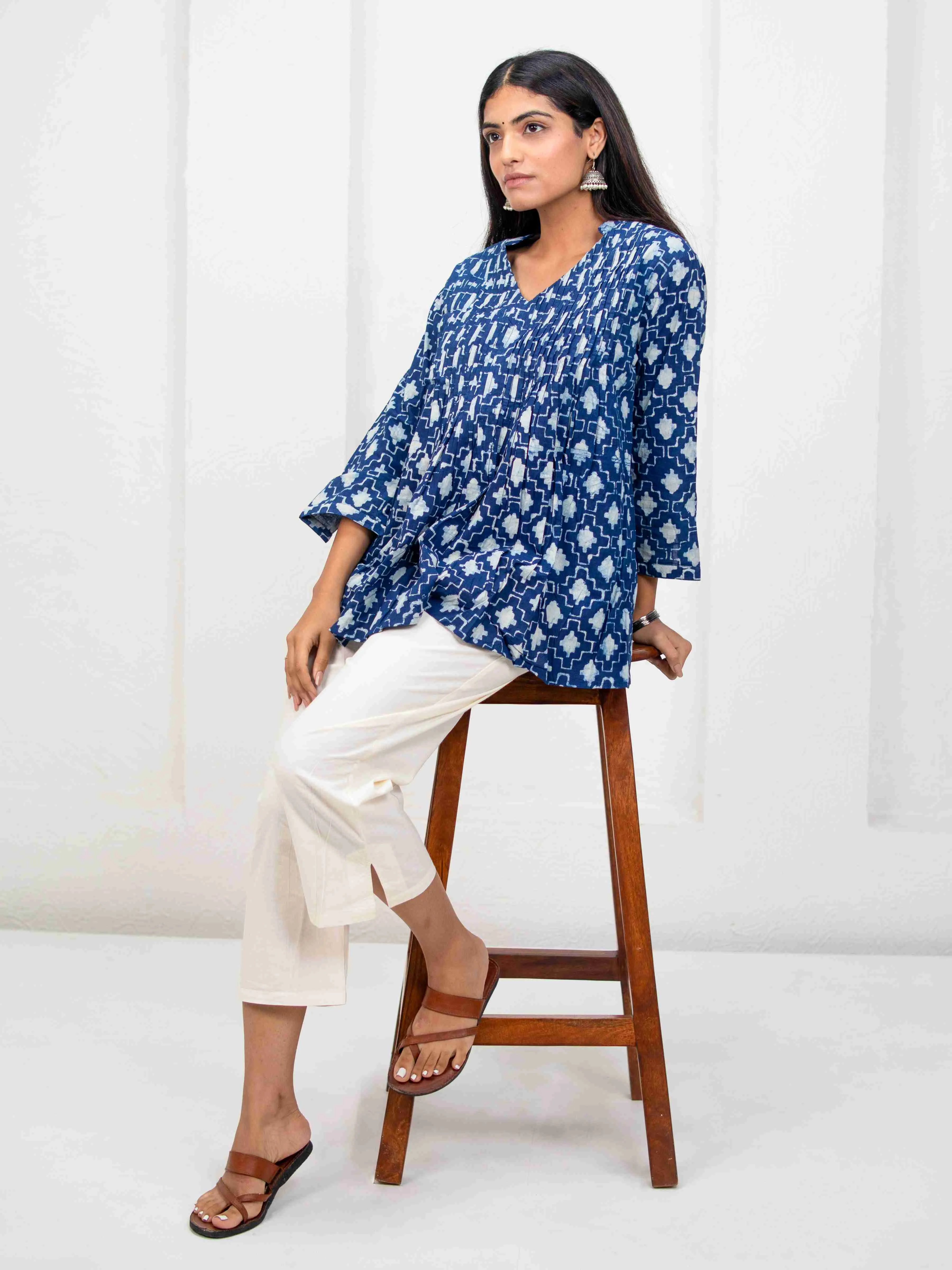 V-Neck Pintucks Top Blue