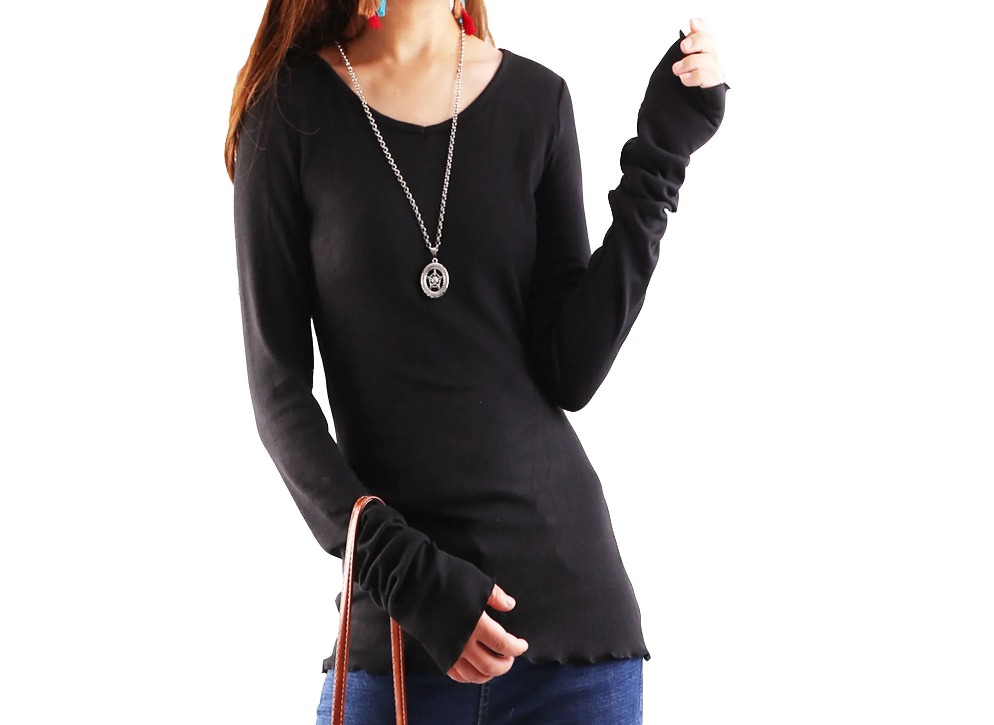 V-neck top, bottoming Cotton t-Shirt, Women's Long Long Sleeves top, Black shirt, form fitting top(Y1117)