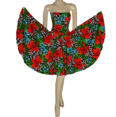 *VINTAGE A. J. BARI  STRAPLESS PARTY DRESS WITH CUT-OUT BACK WITH BOW ADORNED WITH RED ORCHIDS & TURQUOISE PLUMERIA