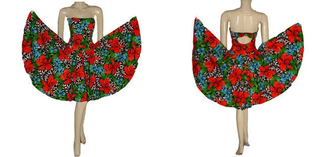 *VINTAGE A. J. BARI  STRAPLESS PARTY DRESS WITH CUT-OUT BACK WITH BOW ADORNED WITH RED ORCHIDS & TURQUOISE PLUMERIA