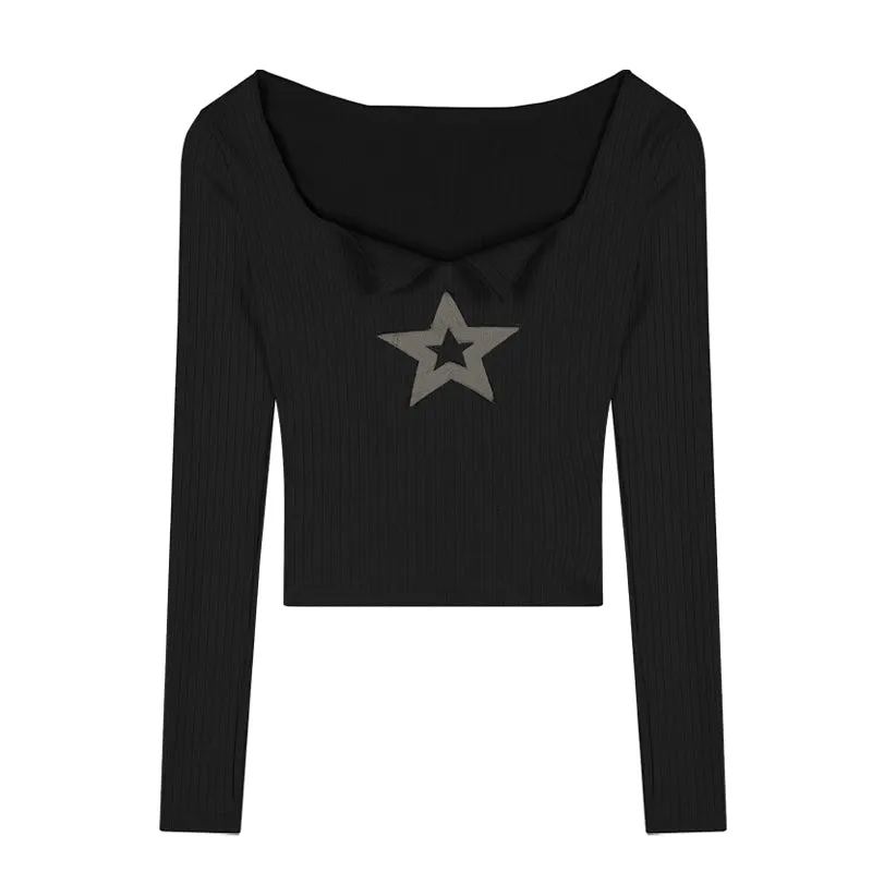 Wallia Star Embroidery Square Neck long Sleeve Slim Cropped Top