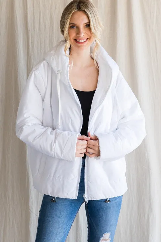 White Solid Drawstring Puffer Jacket