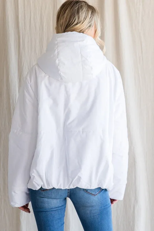 White Solid Drawstring Puffer Jacket