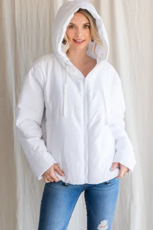 White Solid Drawstring Puffer Jacket