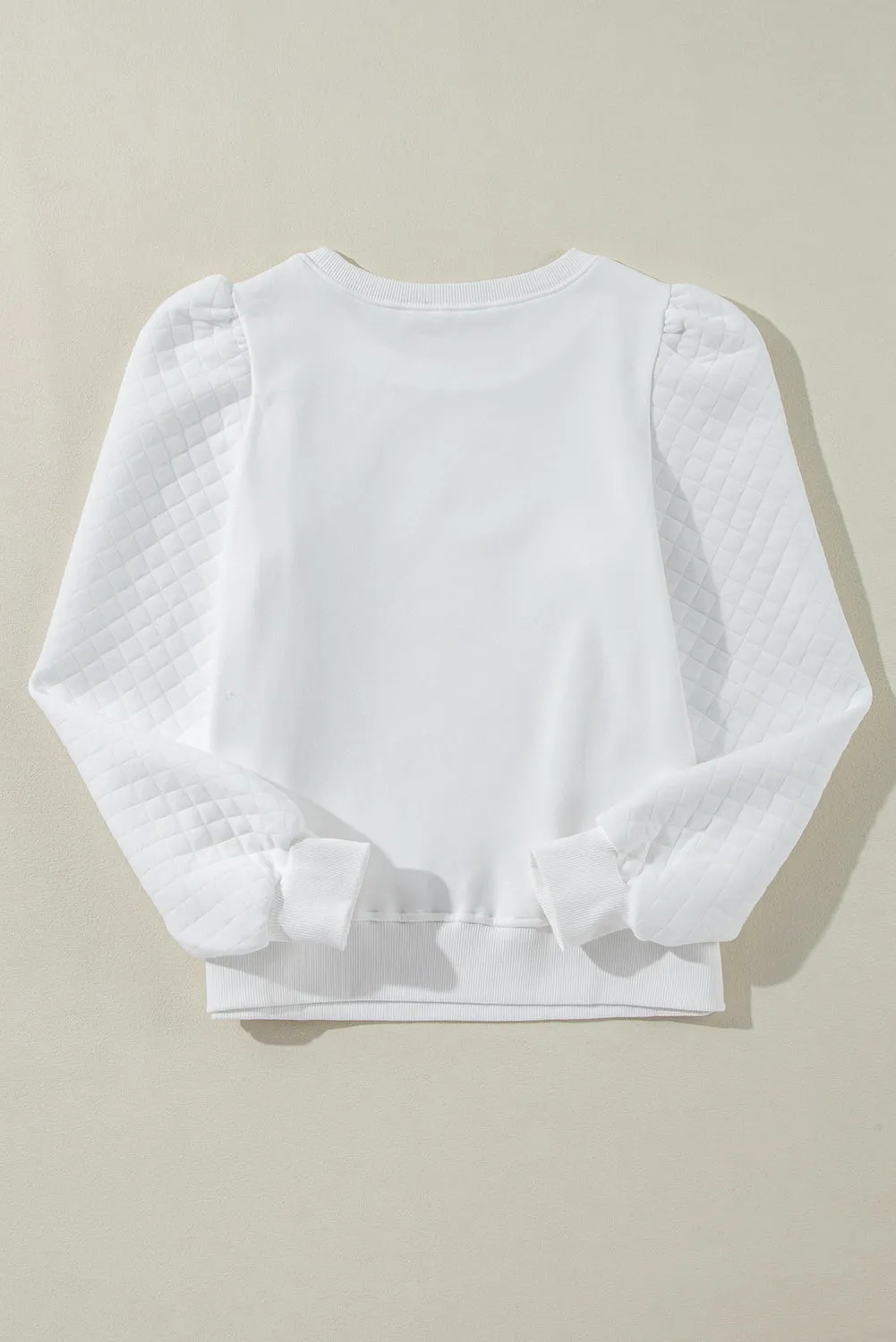 White Solid Puff Sleeve Round Neck Pullover Sweatshirt