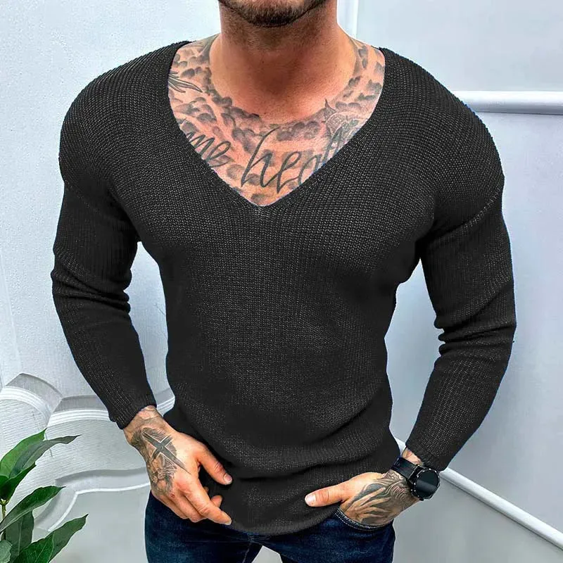 Wiaofellas  -  Mens Casual V-Neck Solid Sweater Spring Summer Fashion Knitted Pullover Tops For Men Harajuku Long Sleeve Jumper Streetwear