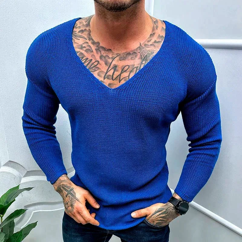 Wiaofellas  -  Mens Casual V-Neck Solid Sweater Spring Summer Fashion Knitted Pullover Tops For Men Harajuku Long Sleeve Jumper Streetwear