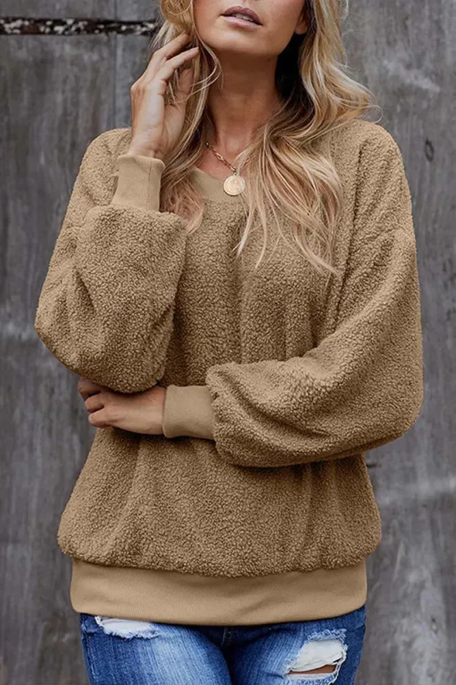 Women's Cozy Fleece Jumper with Balloon Sleeves in Beige | Ideal for Autumn/Winter