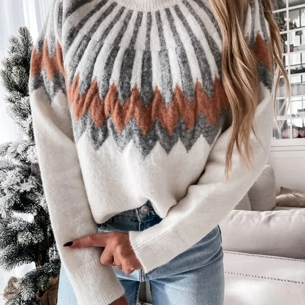 Women's Elegant Knitted Jumper with Geometric Pattern | Ideal for Autumn/Winter